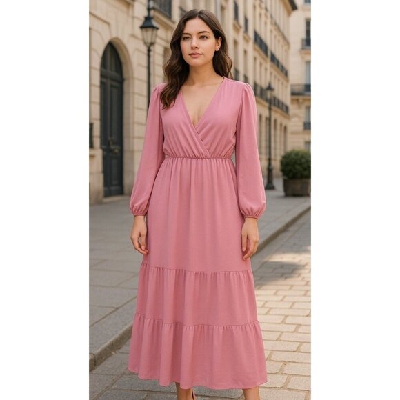 City Chic Charlie Maxi Dress 16 Pink NWOT Faux Wrap Long Sleeve Tiered Flowy - Picture 1 of 8